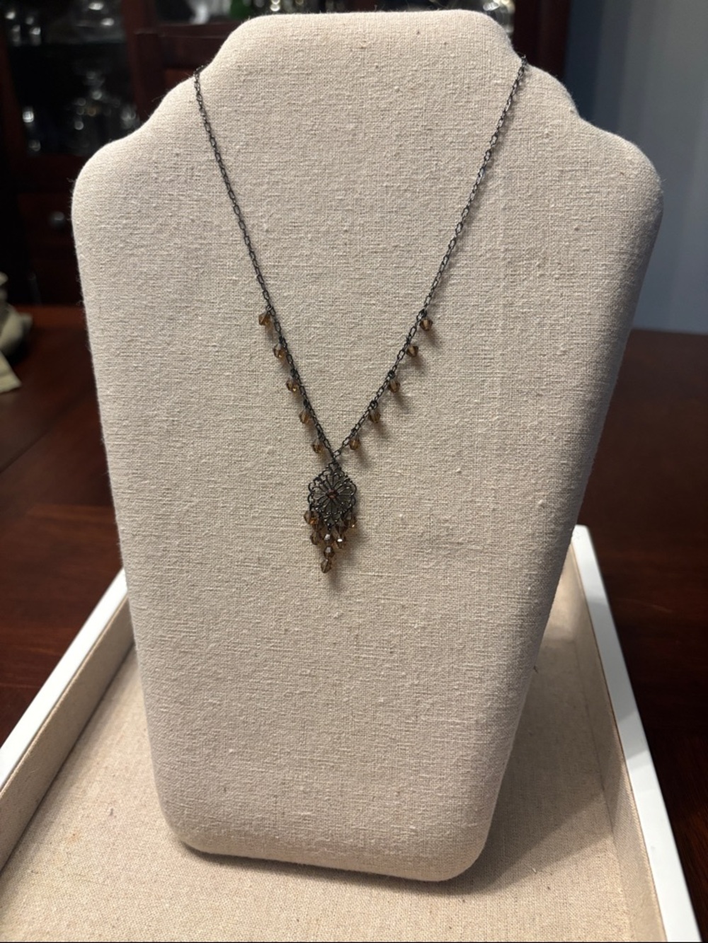 Delicate Filigree Pendant Necklace with Amber Teardrop Accents - Women's Jewelry - Picture 4 of 6